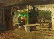 Georg Saal view into a Blackforest living room with small girl on the oven bench oil